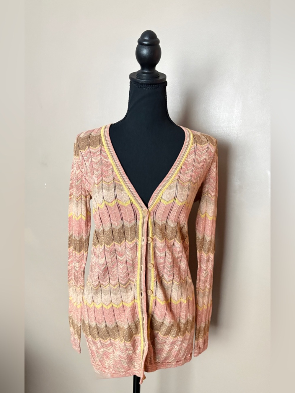 MODA INTERNATIONAL Y2K chevron lurex v-neck cardigan sweater metallic sz M EUC
